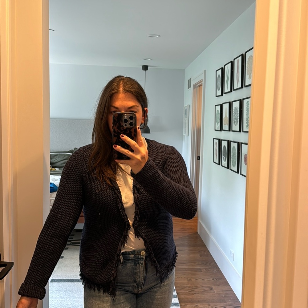 Navy blue metallic knit cardigan with fringe